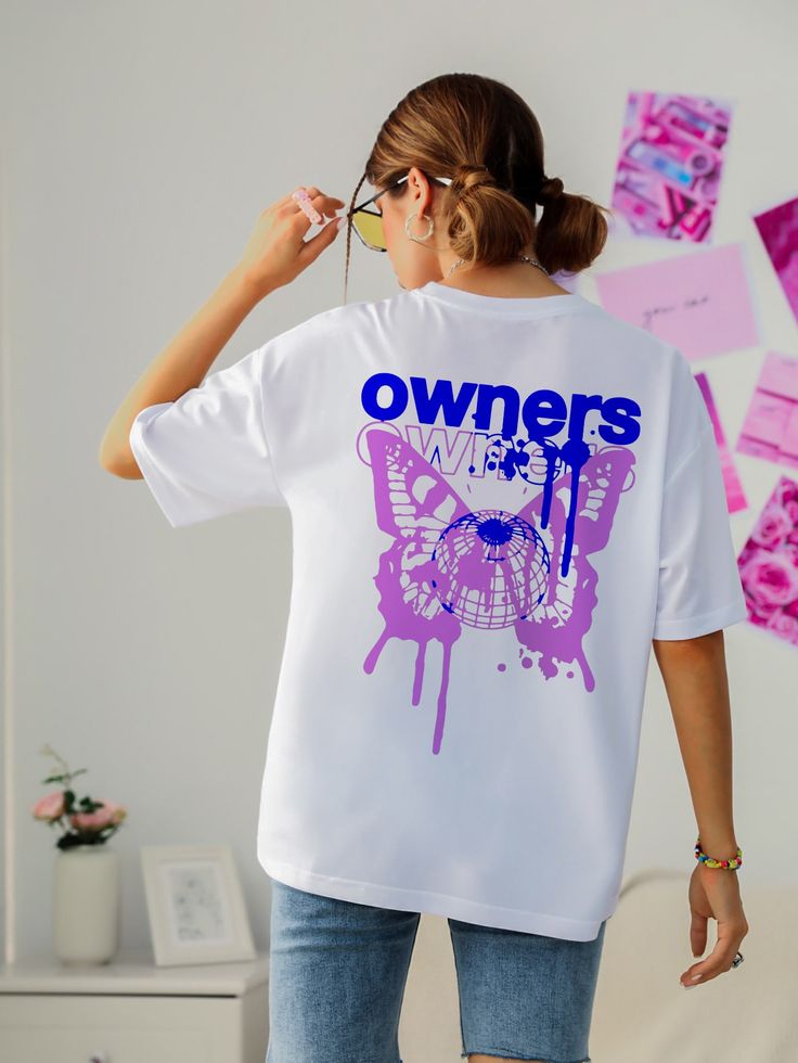 Letter & Butterfly Print Drop Shoulder Tee
