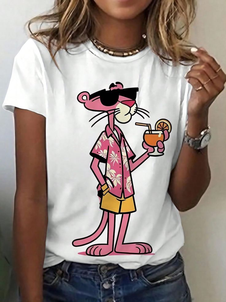 Women's Funny Pink Panther Cartoon T-Shirt Regular Fit