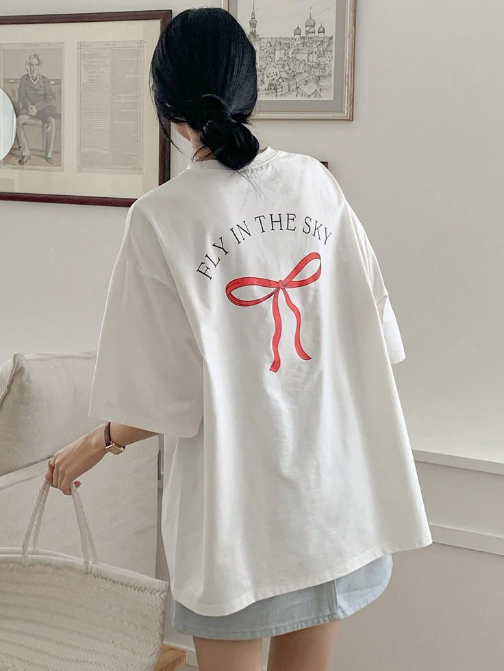 Women Bow Detail Bow Letter Print Crewneck Drop Shoulder Summer T-Shirt