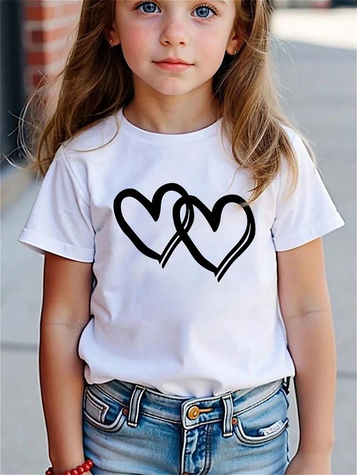 Girls Heart Print Round Neck Short Sleeve T-Shirt, Children Casual Tops