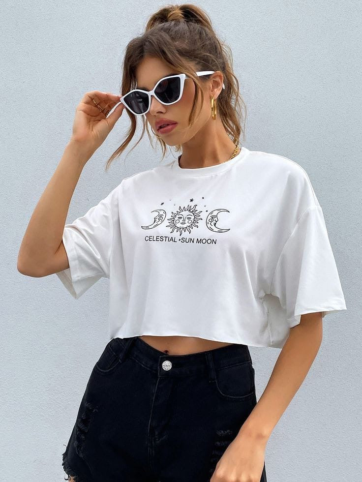 Celestial Moon Sun Oversized Women Crop Tops