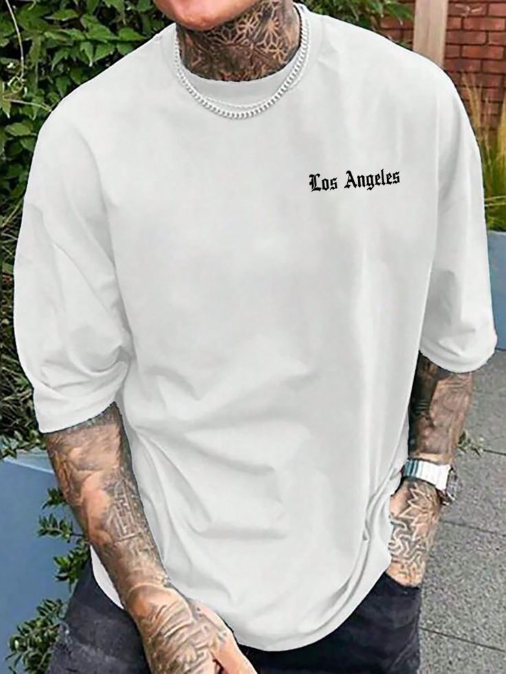 Men Oversize Letter Printed Drop Shoulder Short Sleeve T-Shirt, Boyfriend Gift, For Going Out