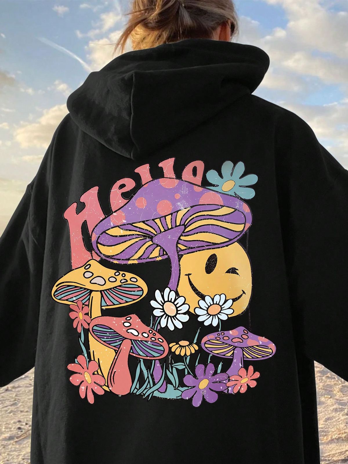 Women's Mushroom & Cartoon Printed Drawstring Hoodie