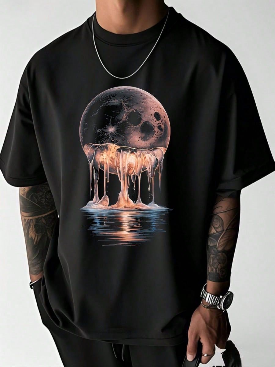Melting Moon Abstract Design Graphic Tees T-Shirt Cotton Summer Men's Short Sleeve Tops T-Shirt