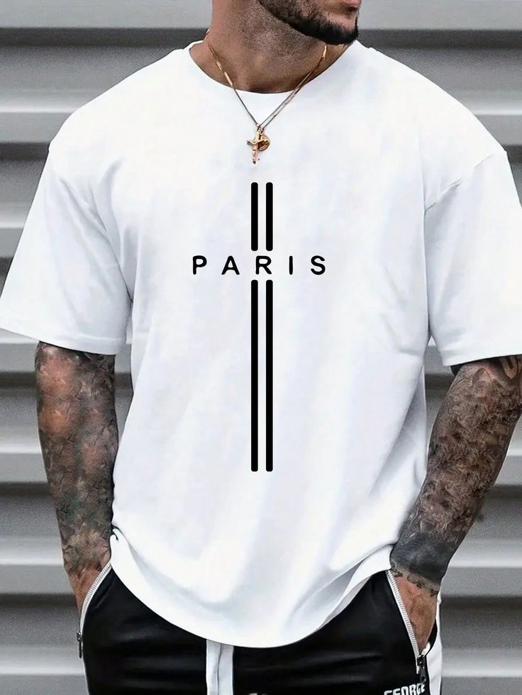 Men's Striped Letter Print Round Neck Casual T-Shirt