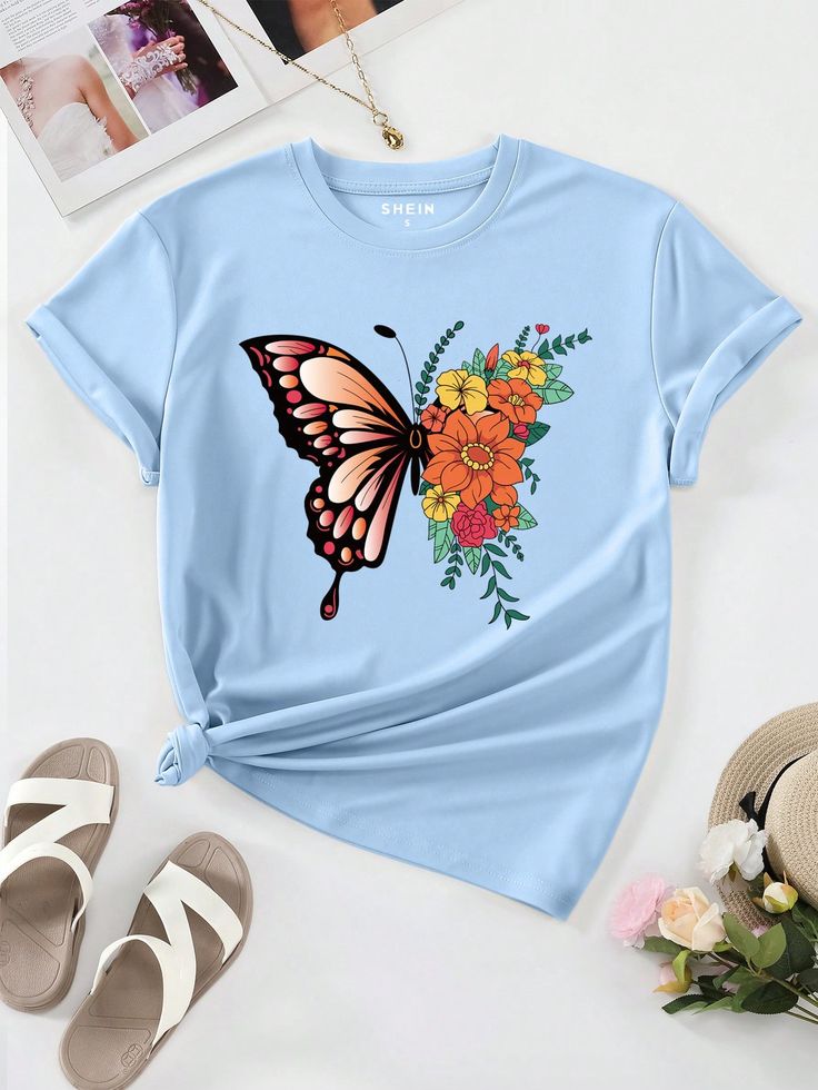 Floral And Butterfly Print Women's T-shirt Regular Fit