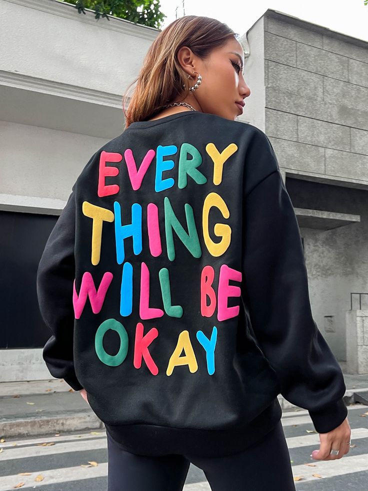 Hoodies Liban EZwear Slogan Graphic Drop Shoulder Sweatshirt