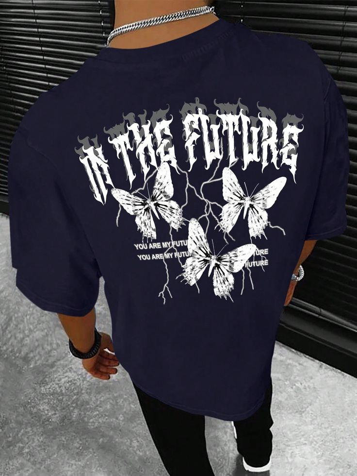 Men's Casual Slogan & Butterfly Print Crew Neck Short Sleeve T-Shirt, Summer