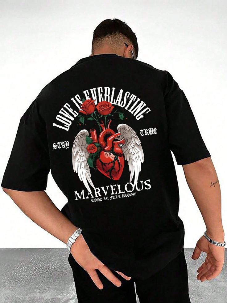 Men's Summer Letter Wing Print Round Neck Casual Short Sleeve T-Shirt