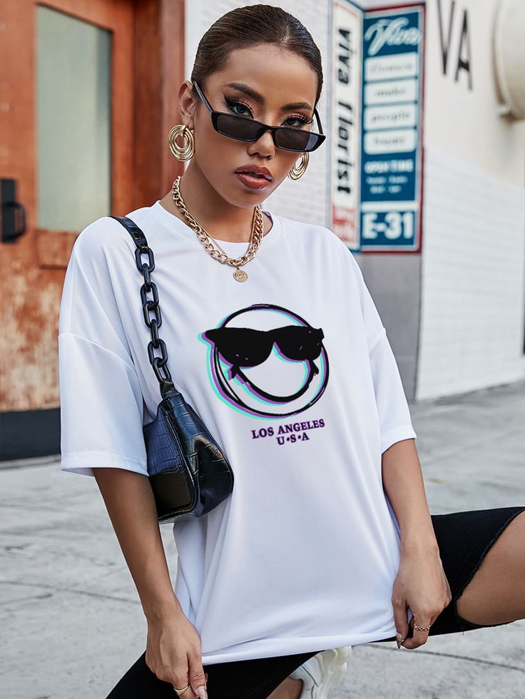 Letter & Expression Print Drop Shoulder Tee