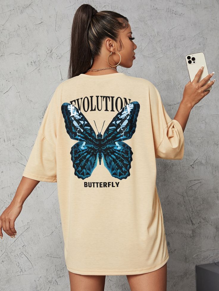 Western Letter & Butterfly Print Drop Shoulder Tee