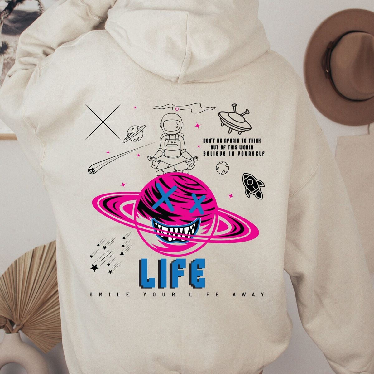 Smile your life away Crewneck Sweatshirt , inspirational sweatshirt, smiley planet face sweatshirt happiness, Aesthetic Smiley Hoodie