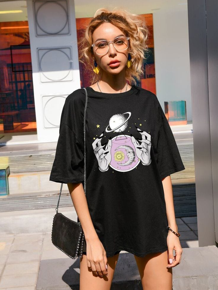 Galaxy and hand women's oversized tshirt