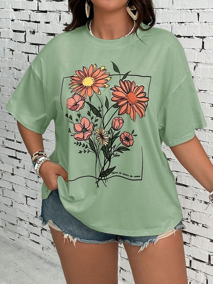 Women Floral Print Casual Vacation Round Neck Short Sleeve Loose T-Shirt