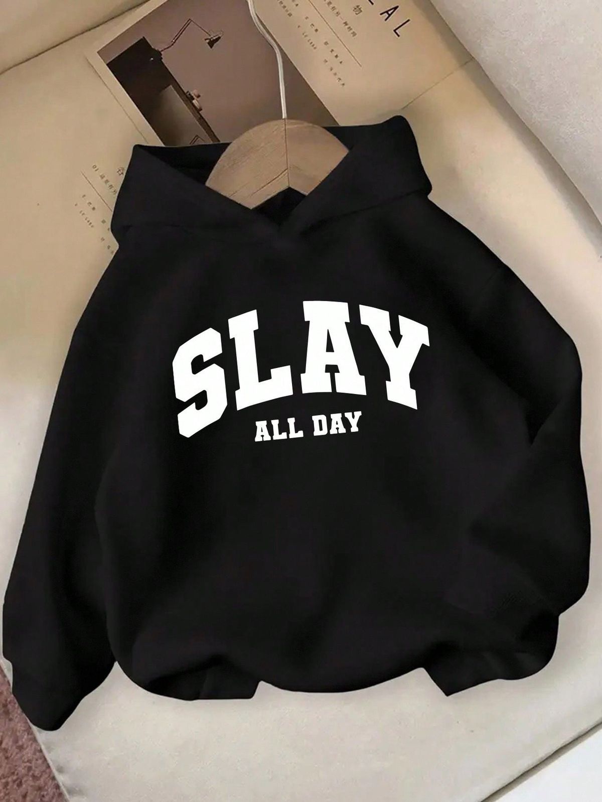 Back To School Teen Girls "SLAY ALL DAY" Casual Letter Print Hoodie Sweatshirt, Fashionable & Personalized, Suitable For All Seasons, Black