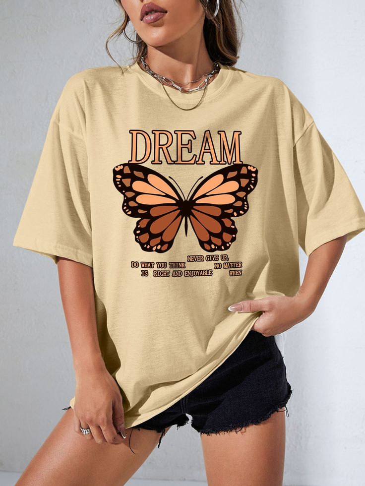 Slogan & Butterfly Print Drop Shoulder Tee