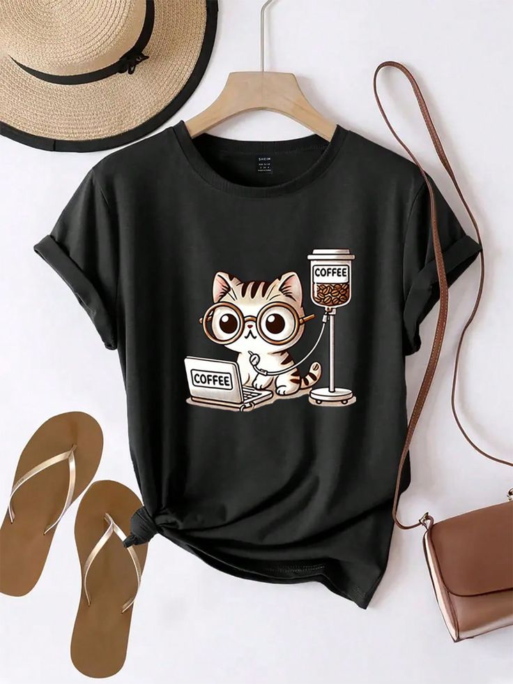 Women T-Shirts Cat Working On Laptop With Coffee Png, Funny Coffee Lover Cat, Overworked Cat Art Tshirt, Cute Cat With Glasses, Cat Meme Png Holiday T-Shirts, Fashion Now, Fashion Tee Tops Shirts Regular Fit