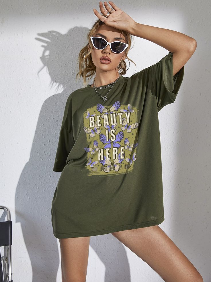 Slogan & Butterfly Print Drop Shoulder Tee