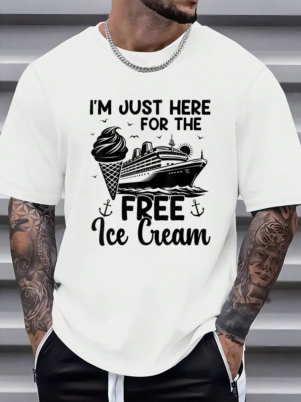 I'm Just Here For The Free Ice Cream Funny Cruise 2025 T-Shirt - 100% Cotton Summer Tops Graphic Tees, Men T Shirts, Casual Short Sleeve Crew Neck T-Shirt For Spring & Summer