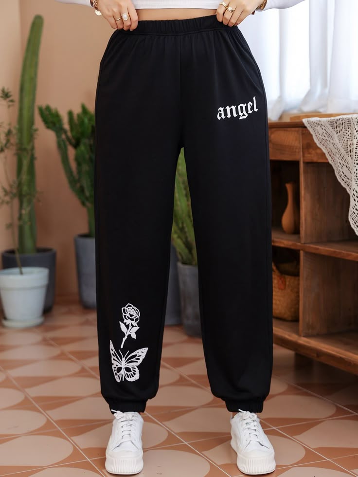 Plus Letter & Floral Print Elastic Waist Joggers