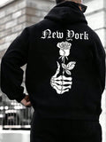 Loose Fit Men's Rose And Letter Printed Casual Hoodie With Thermal Lining
