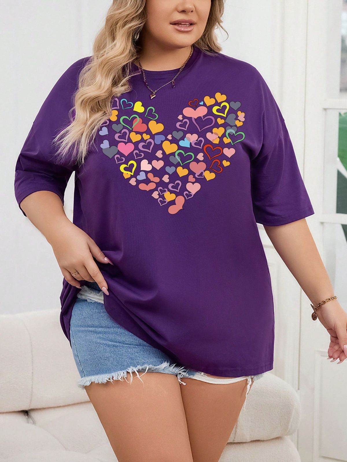 Plus Size Loose Fit Love Heart Print Drop Shoulder T-Shirt