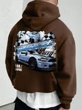 Men's Fleece Hoodie With Car & Letter Print And Drawstring