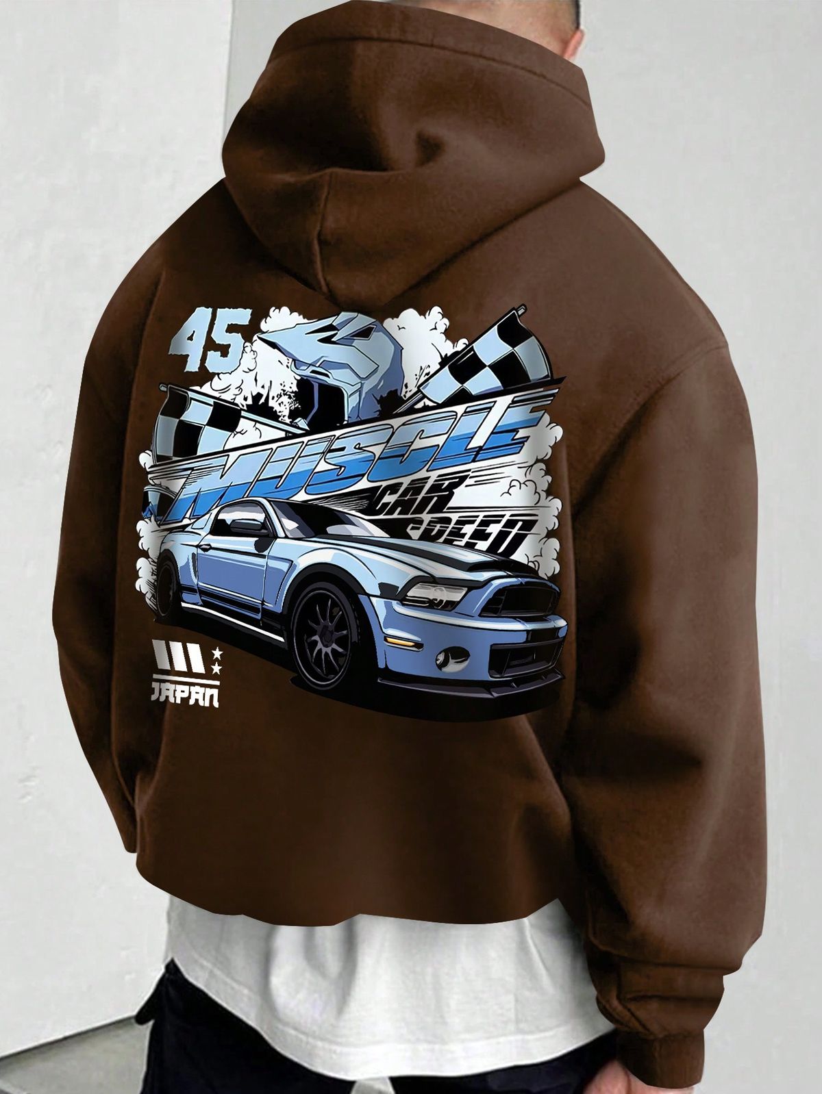 Men's Fleece Hoodie With Car & Letter Print And Drawstring