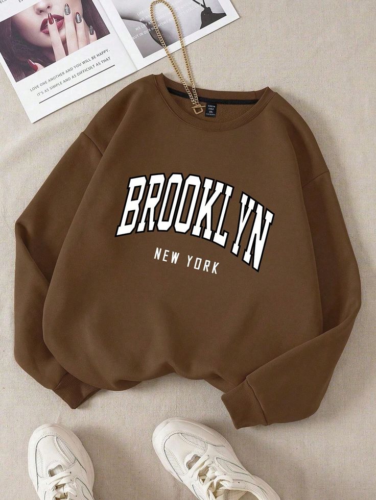 Plus Size Women's Letter BROOKLYN NEW YORK Graphic Thermal Lined Sweatshirt