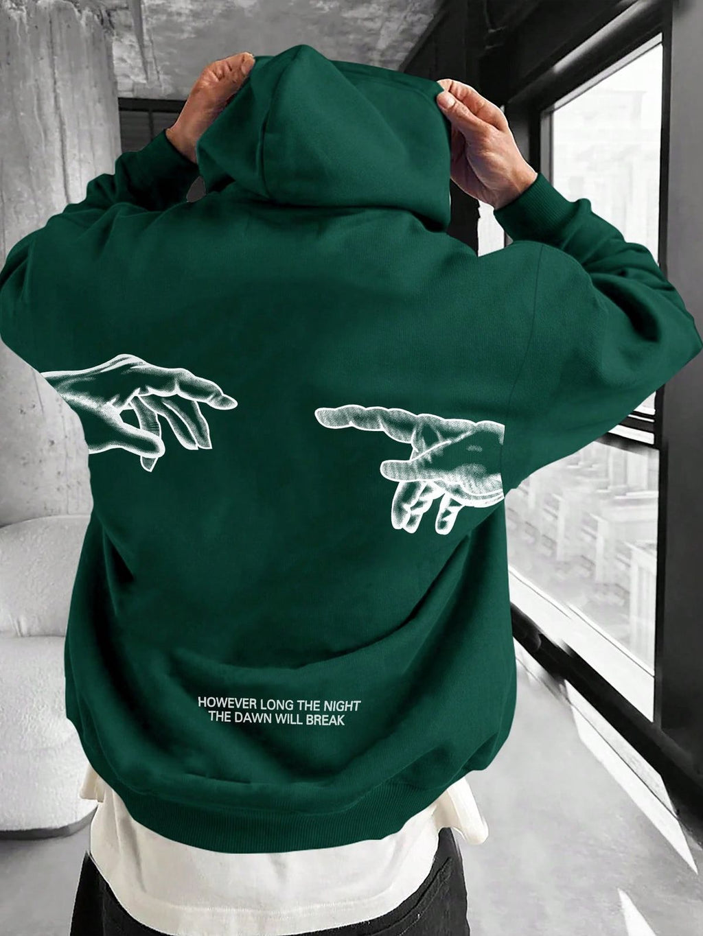 Loose Fit Men's Gesture Print Drawstring Hoodie Sweatshirt, Spring & Autumn