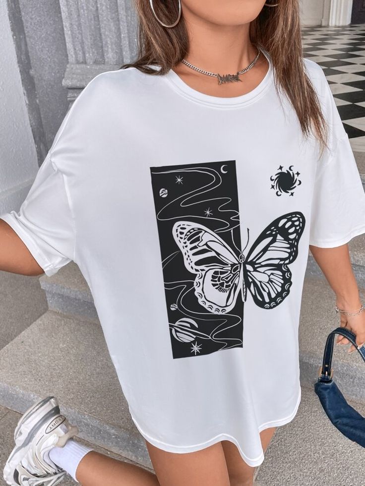 Butterfly & Galaxy Print Drop Shoulder Tee