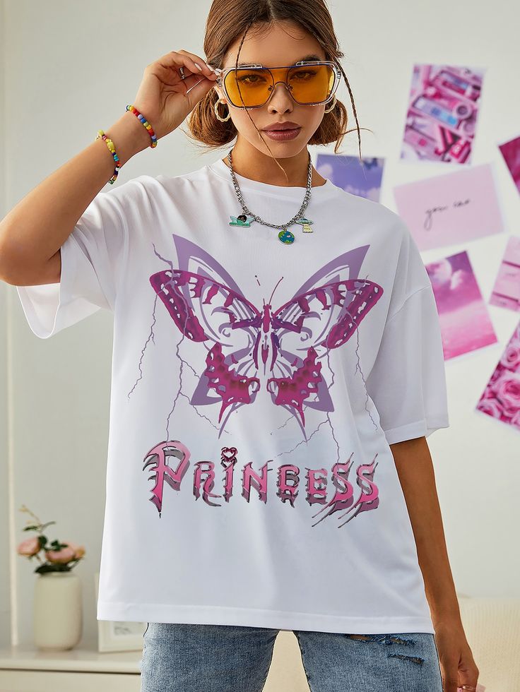 Butterfly And Letter Graphic Drop Shoulder Tee