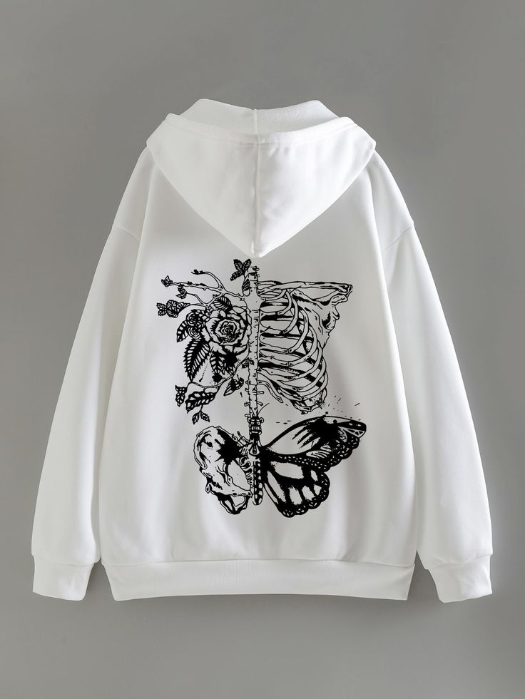 Butterfly & Skeleton Print Kangaroo Pocket Drawstring Thermal Hoodie