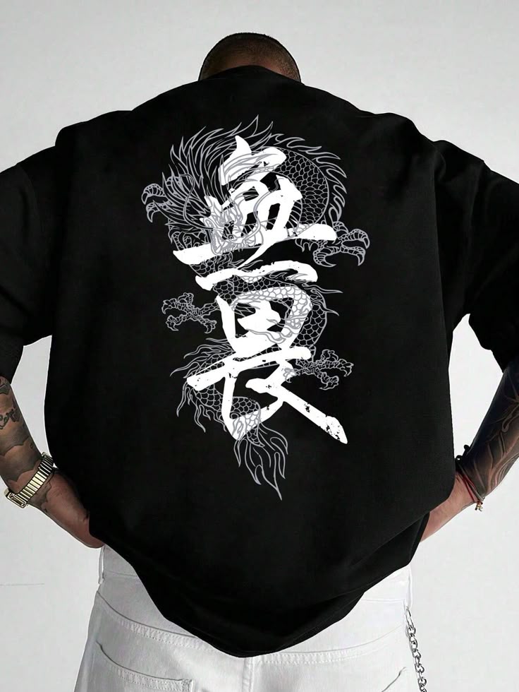 Men's Casual Dragon & Letter Graphic Loose Tee, Summer