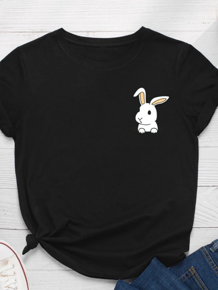 Pocket Bunny Print Women T Shirt Regular Fit