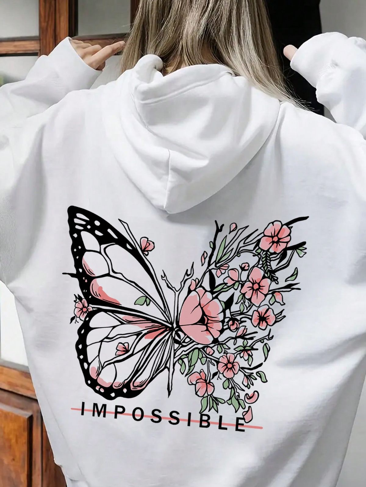 Butterfly & Floral Print Long Sleeve Hoodie