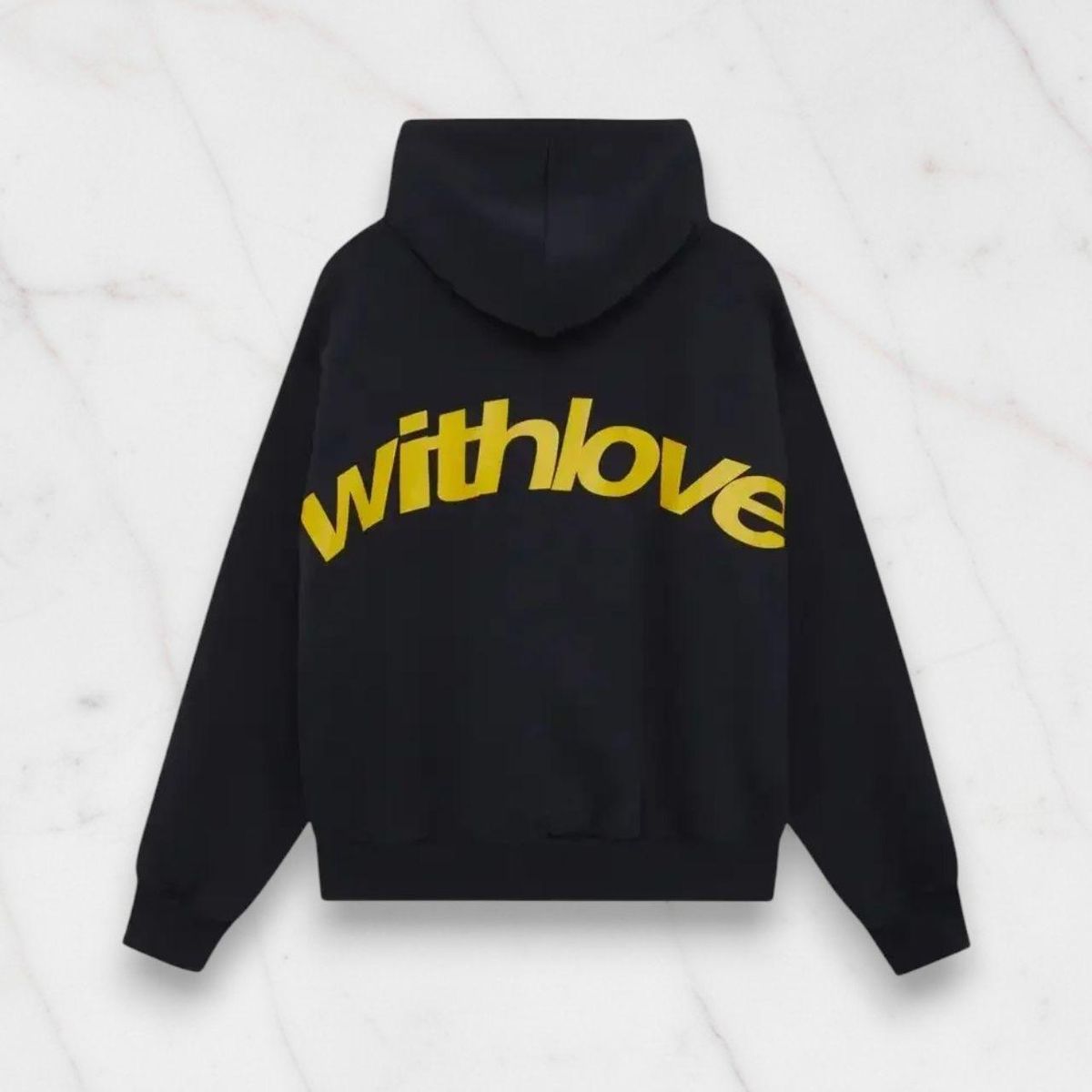 black hoodie w/ bold yellow “withlove”