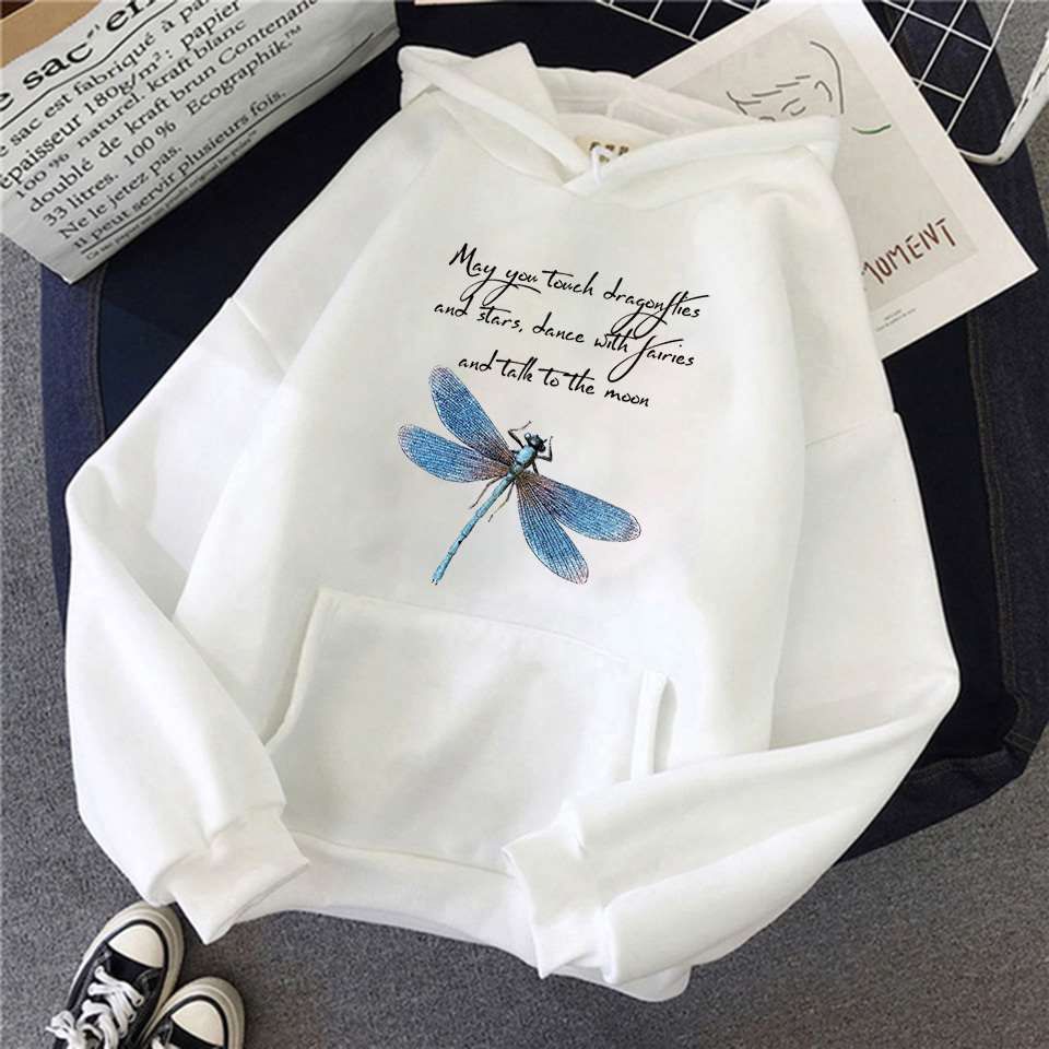 Autumn Winter Women's Dragonfly Print Hoodie Ladies Casual Sweater Youth Hoodie