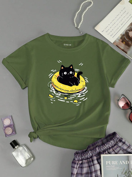 Women Cat Print Casual Daily Wear Spring Summer Short Sleeve T-Shirt Regular Fit