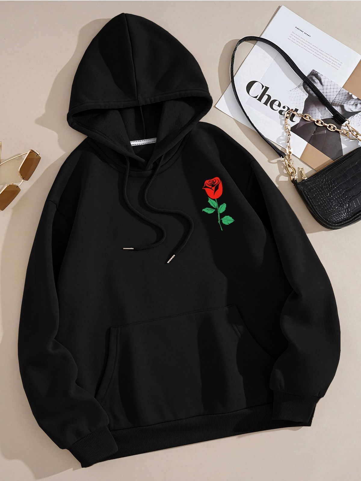 Floral Print Kangaroo Pocket Drawstring Thermal Hoodie