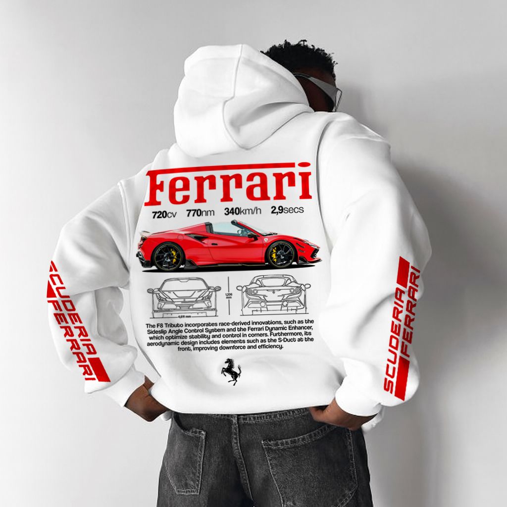 Men's Loose Casual Racing Print Hooded Sweatshirt White