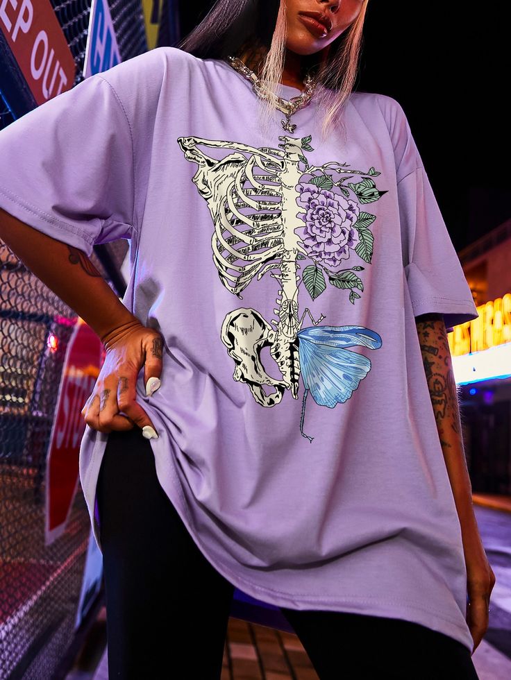 Skull & Floral Print Drop Shoulder Tee