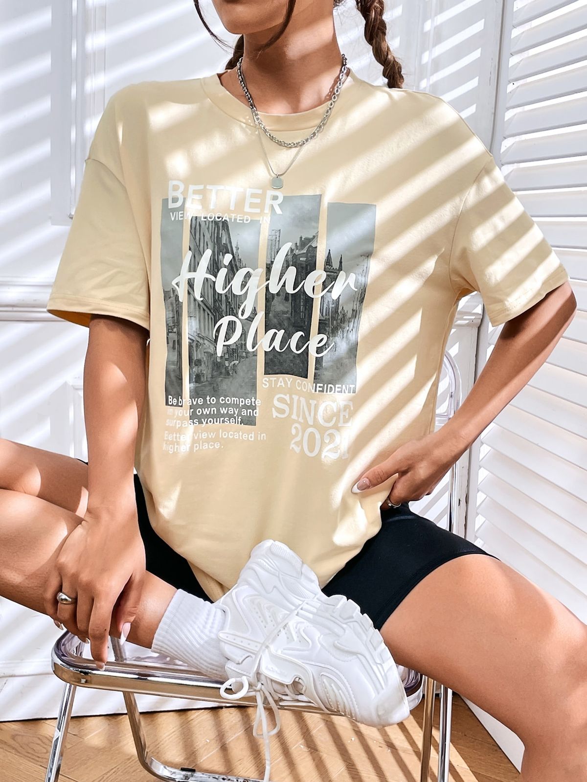 Building & Slogan Graphic Drop Shoulder Tee