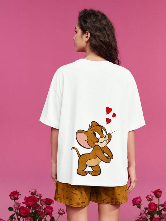 Women's Letter & Cartoon Printed Drop Shoulder Oversized Tee