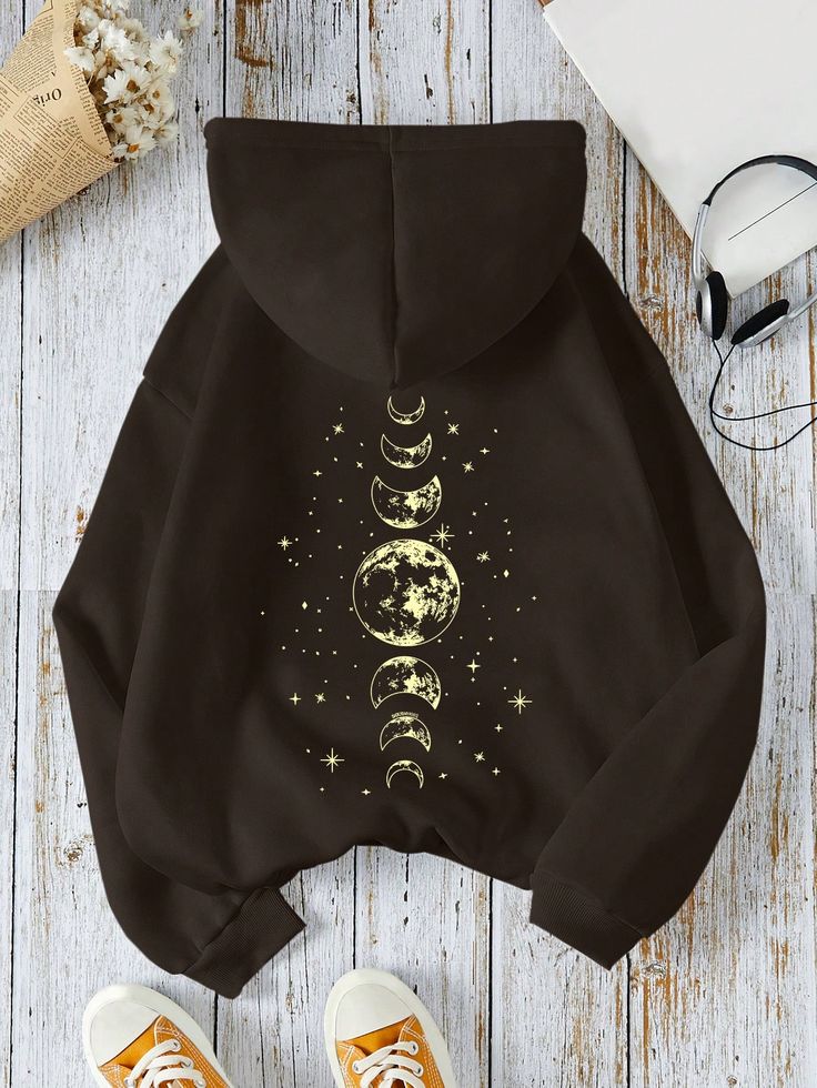 Moon Print Drawstring Hooded Fleece Sweatshirt