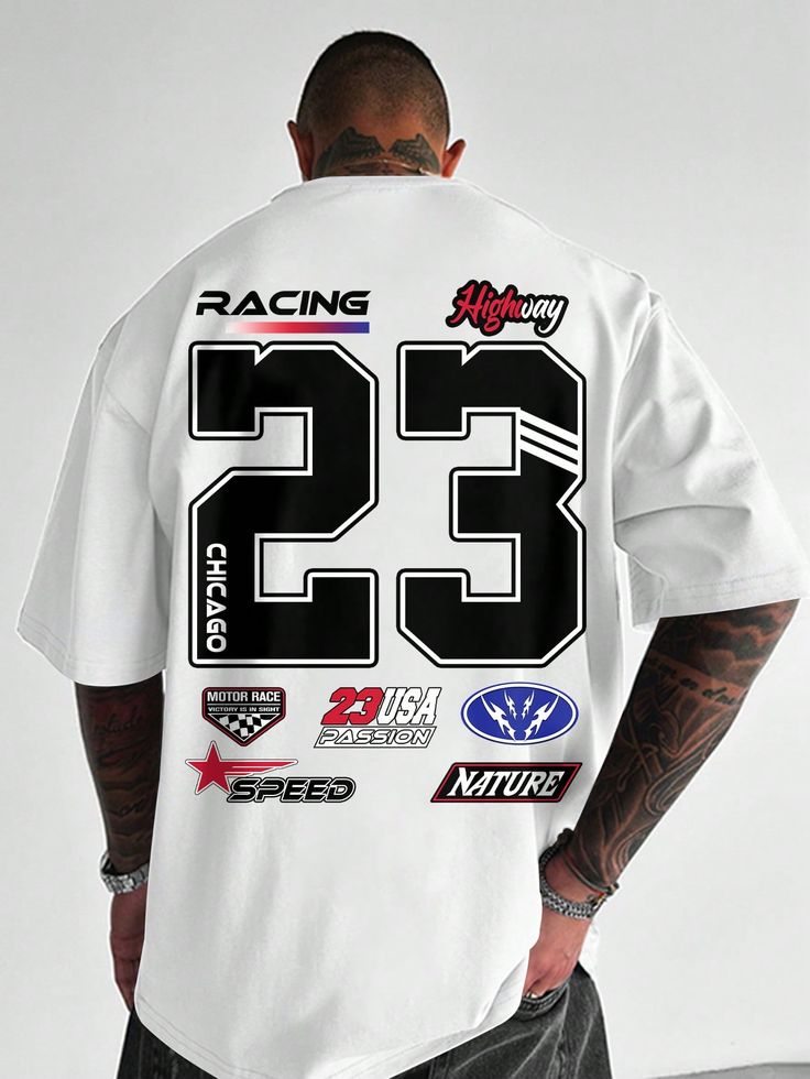 Men's Simple 23 Sports Motorcycle Letter Print Round Neck Short Sleeve T-Shirt, White, Summer