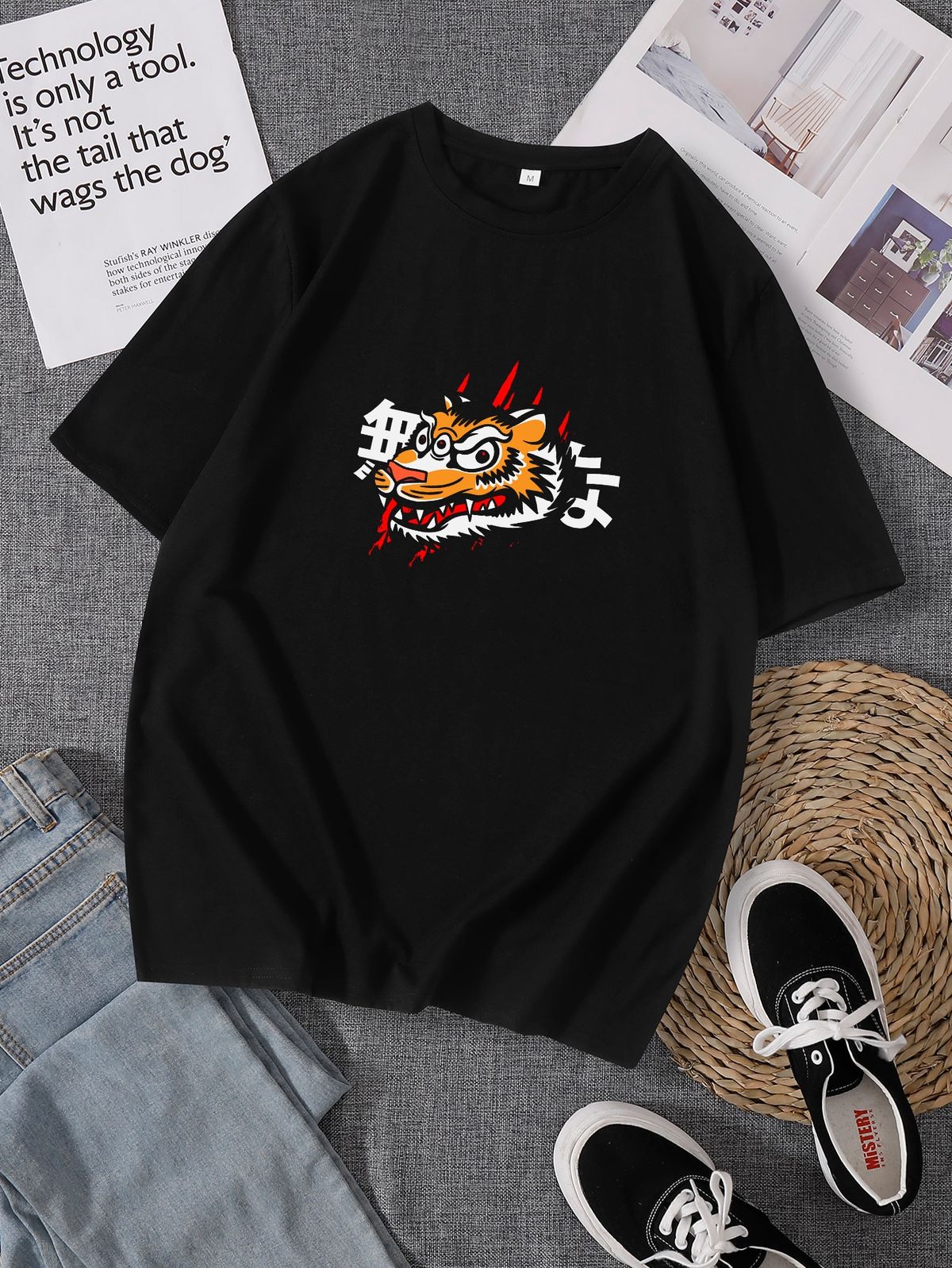 Men Cartoon And Japanese Letter Graphic Tee