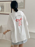 Women Bow Detail Bow Letter Print Crewneck Drop Should