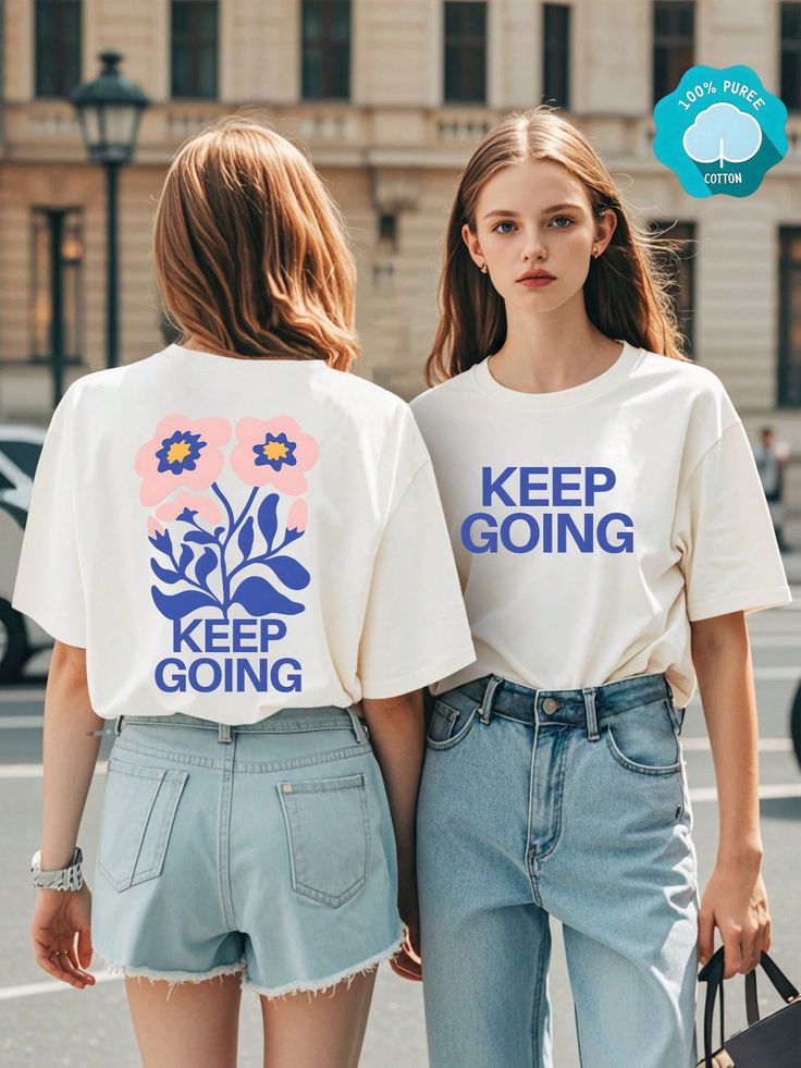 Keep Going, Flower Illustration, Front And Back Images, Printed Women's Summer Round Neck Thick Short Sleeved T-Shirt, Casual Pure Cotton
