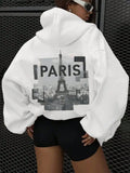 Chic Women's Hoodie With Letter & Architectural Print - Casual Long Sleeve, Drawstring Pullover For Fall/Winter
